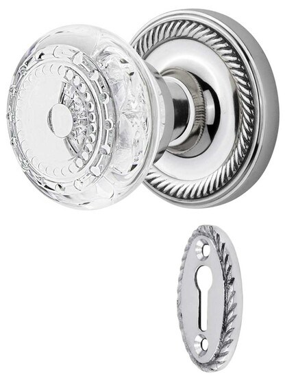 Rope Rosette Mortise-Lock Set with Meadows Crystal-Glass Knobs in Polished Chrome.
